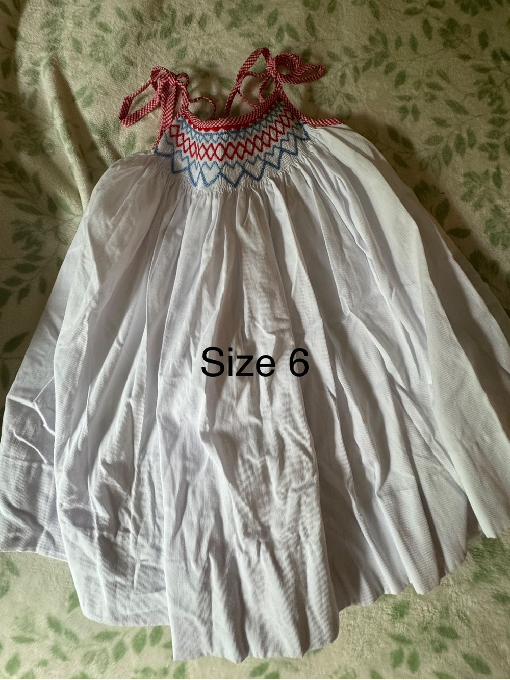 White Smocked Sundress with Red & Blue Trim